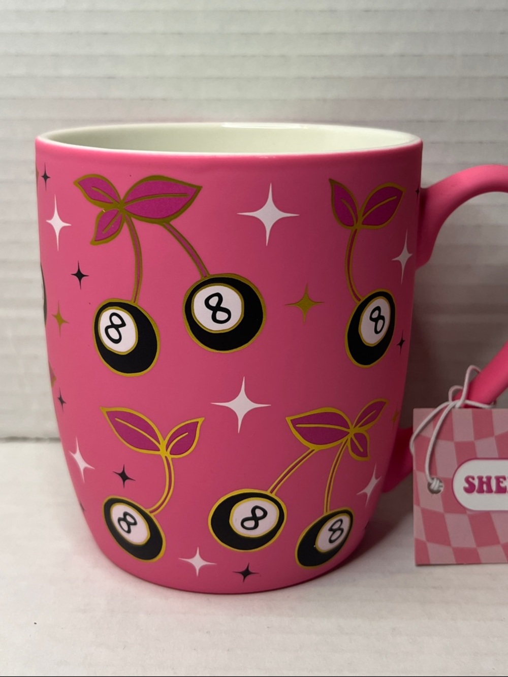 Sheffield Home Matt Hot Pink Cherry Black Gold 8-Ball Mug New